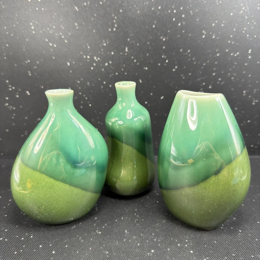 IKEA 3 Piece Bud Vase Set Green Two Tone Glazed Ceramic Organic Shape 4.5 Inch